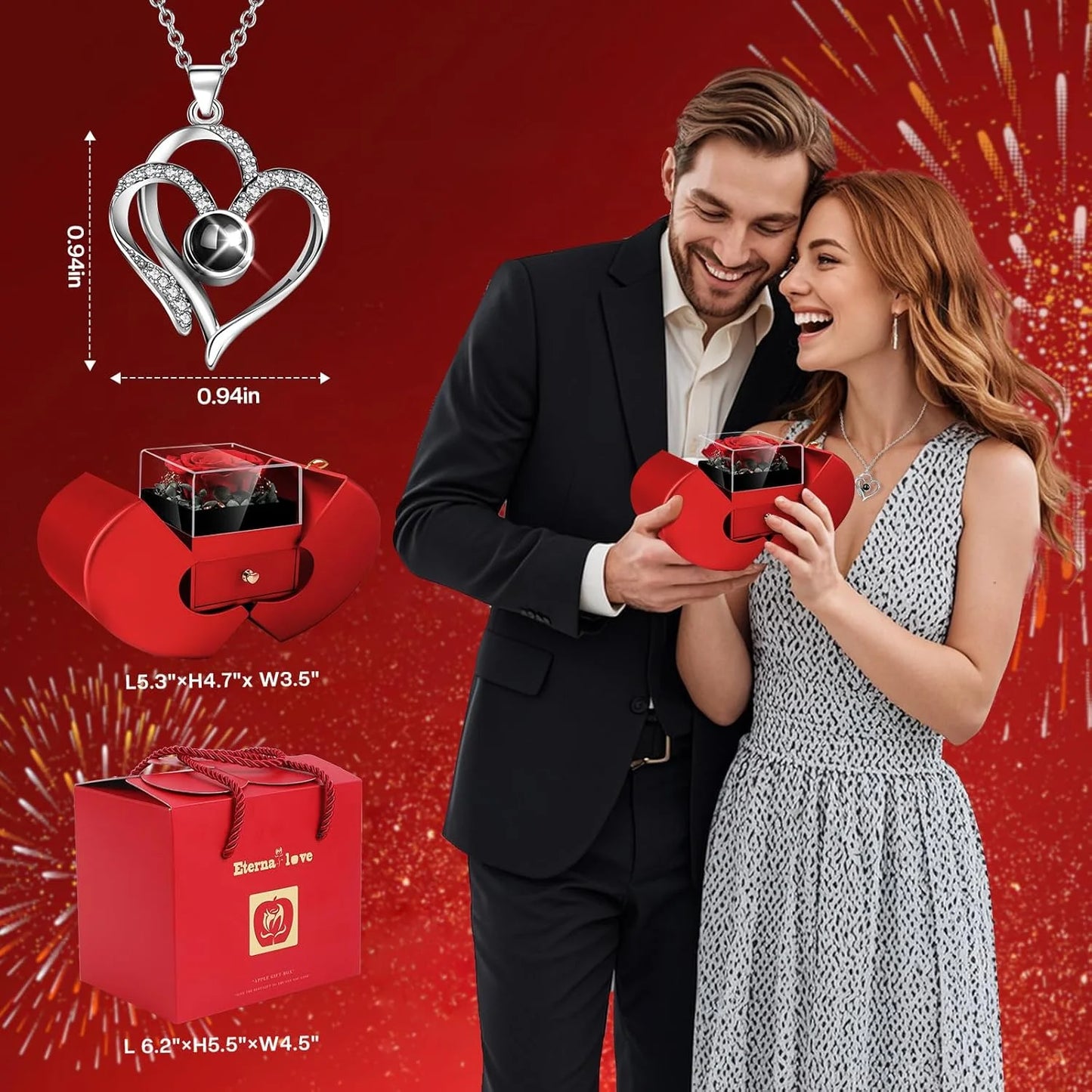 Preserved Rose Box I Love You Necklace Valentines Day Gift for Her