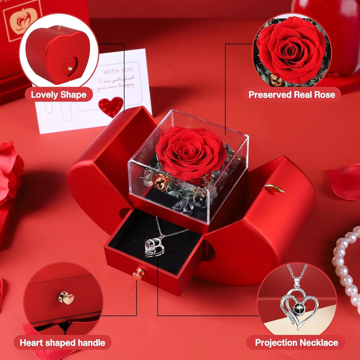 Preserved Rose Box I Love You Necklace Valentines Day Gift for Her