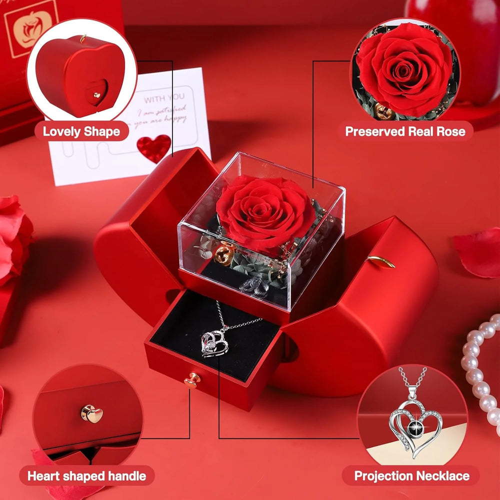 Preserved Rose Box I Love You Necklace Valentines Day Gift for Her