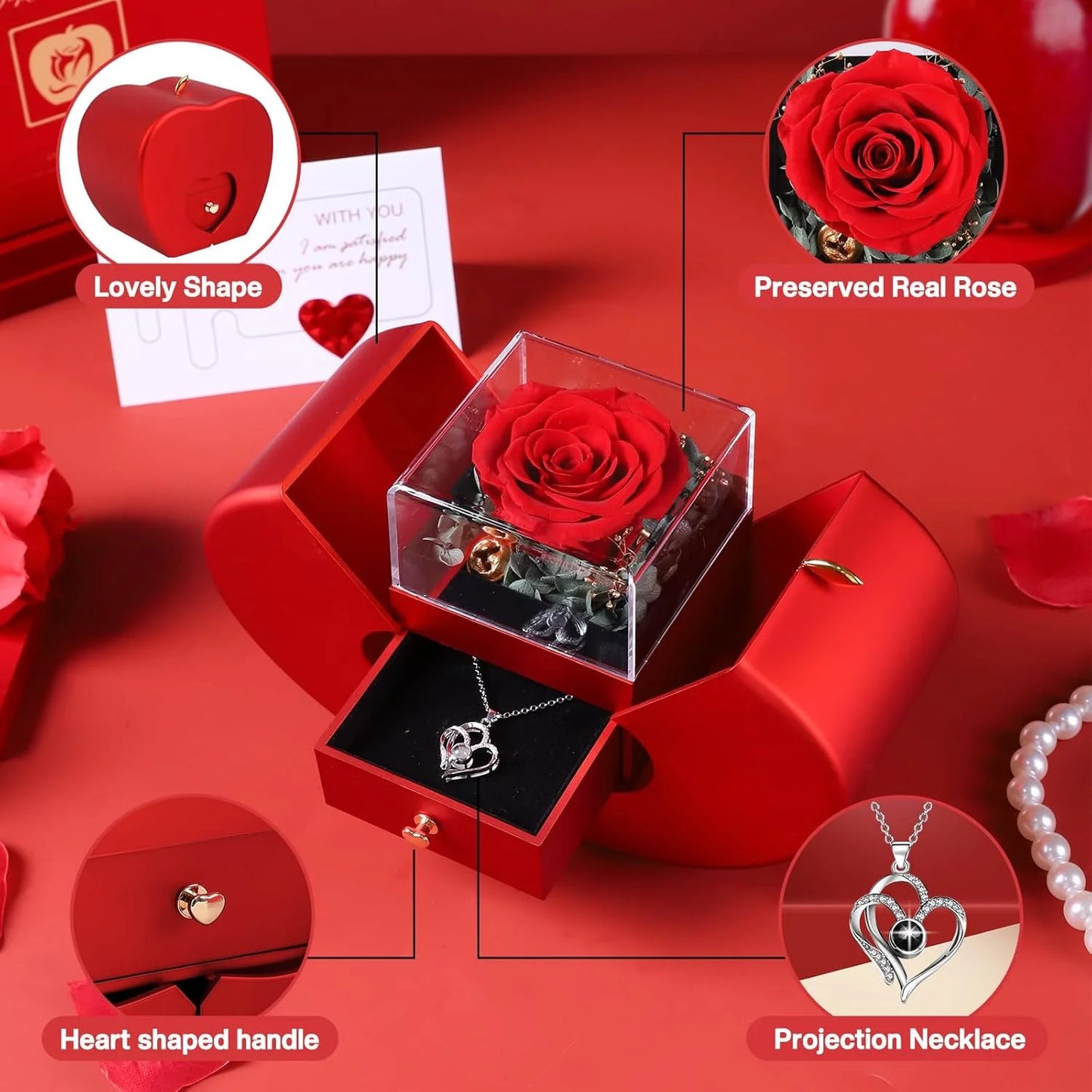 Preserved Rose Box I Love You Necklace Valentines Day Gift for Her