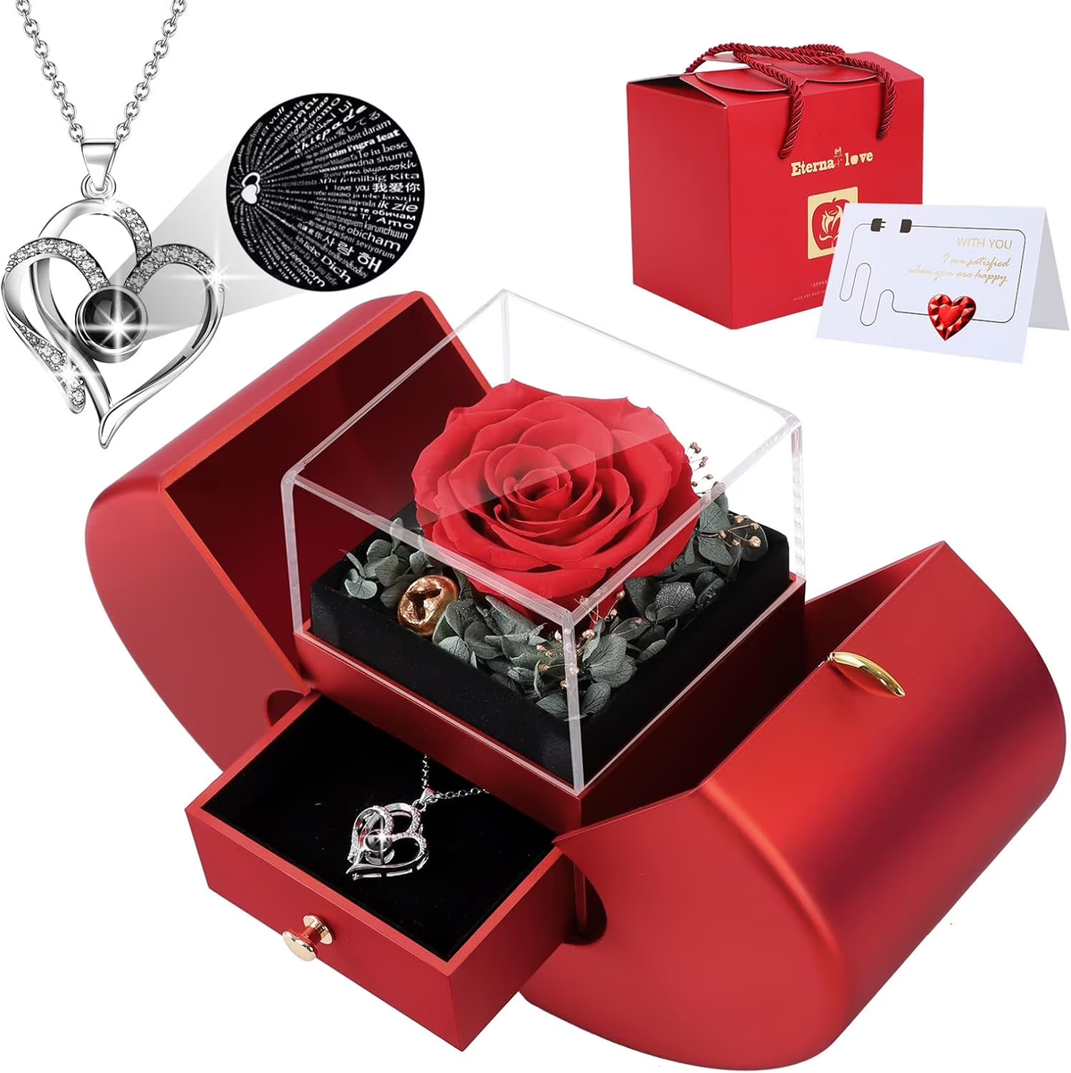 Preserved Rose Box I Love You Necklace Valentines Day Gift for Her