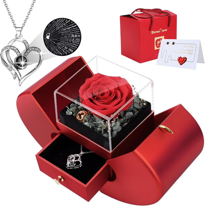 Preserved Rose Box I Love You Necklace Valentines Day Gift for Her